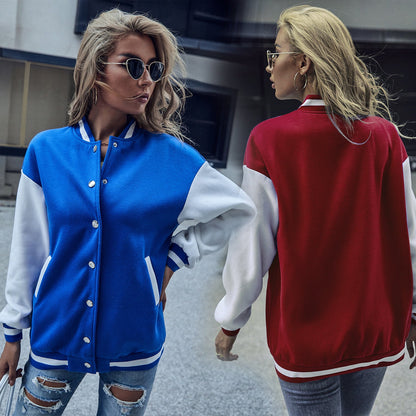 Damen Baseballjacke Kontrastärmel Druckknopfverschluss Eveloria - Eveloria