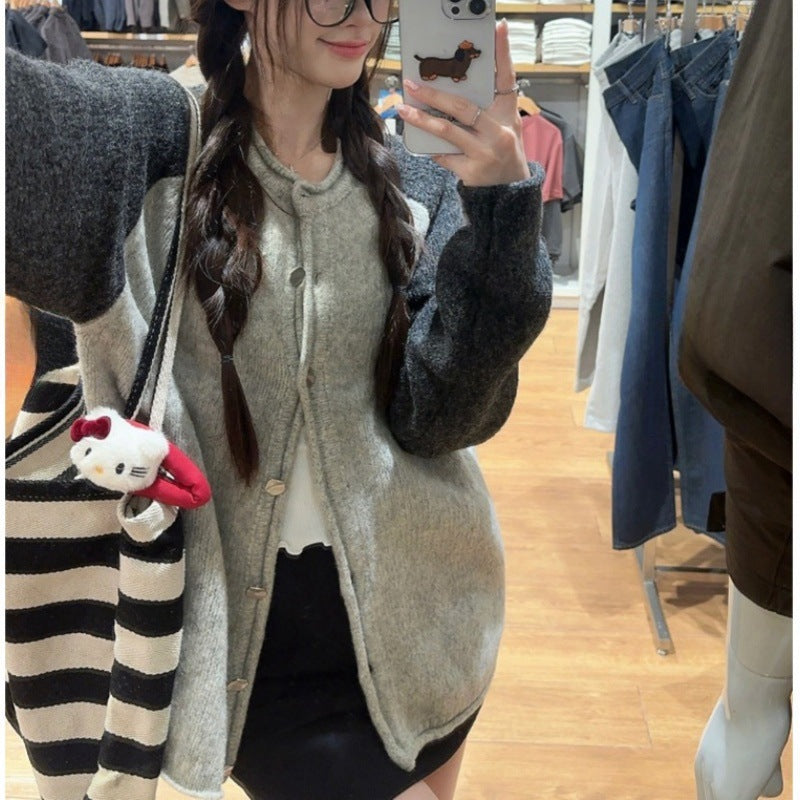 Damen Wolljacke Oversized Knopfverschluss Lässig Braun