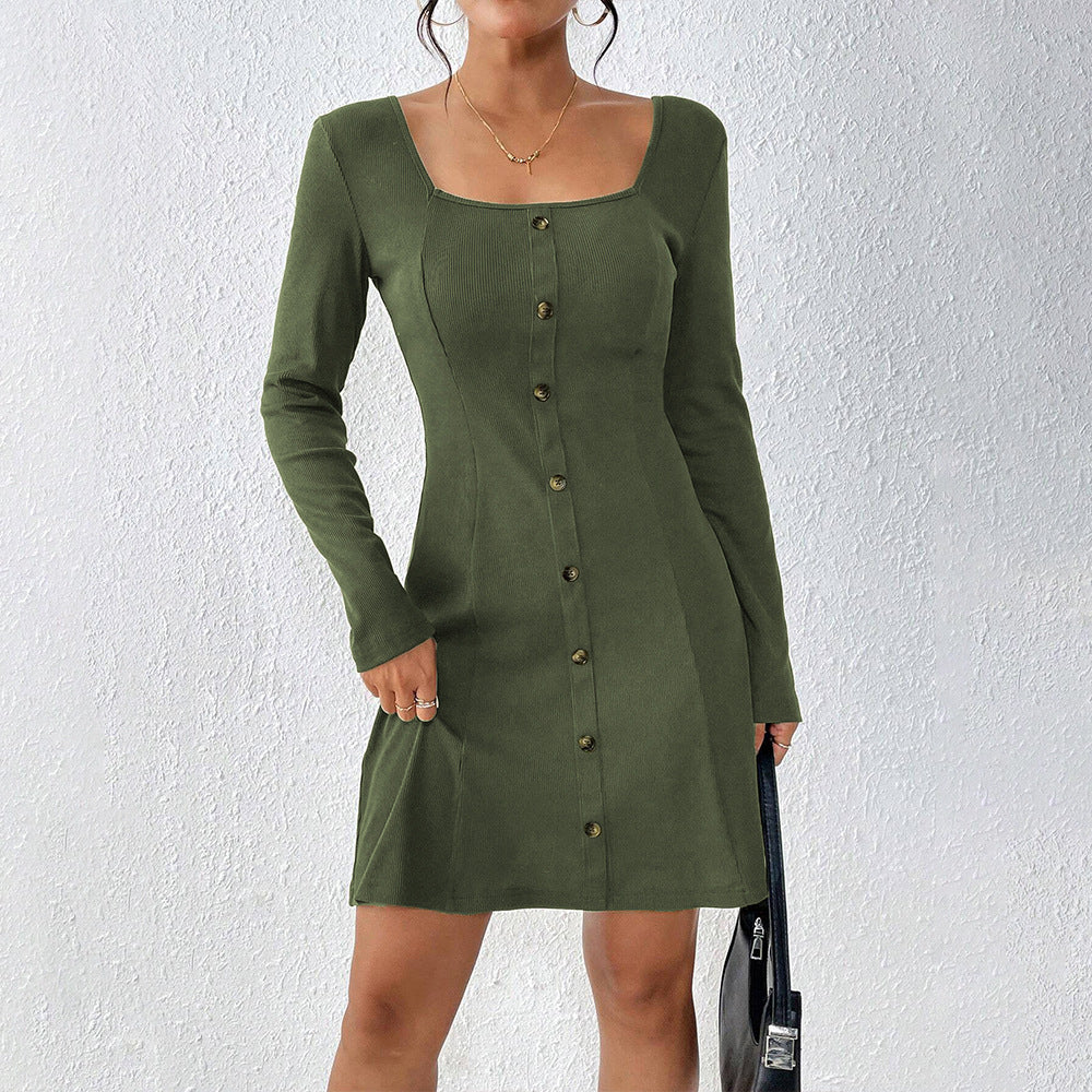 Damen Knopfleiste Kleid Langarm Quadrat-Ausschnitt