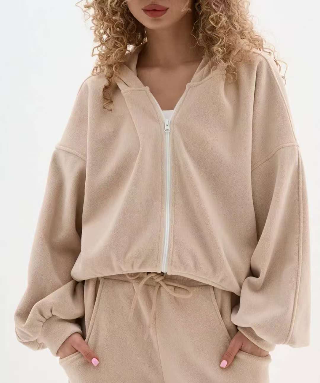 Damen Cropped Kapuzenjacke Weiches Fleece Reißverschluss