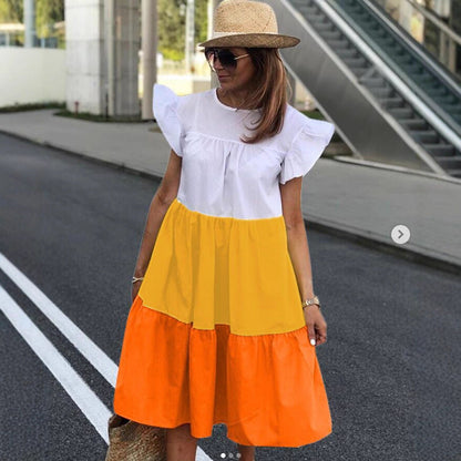 Damen Sommerkleid Voluminöser Rock Rüschenärmel Eveloria