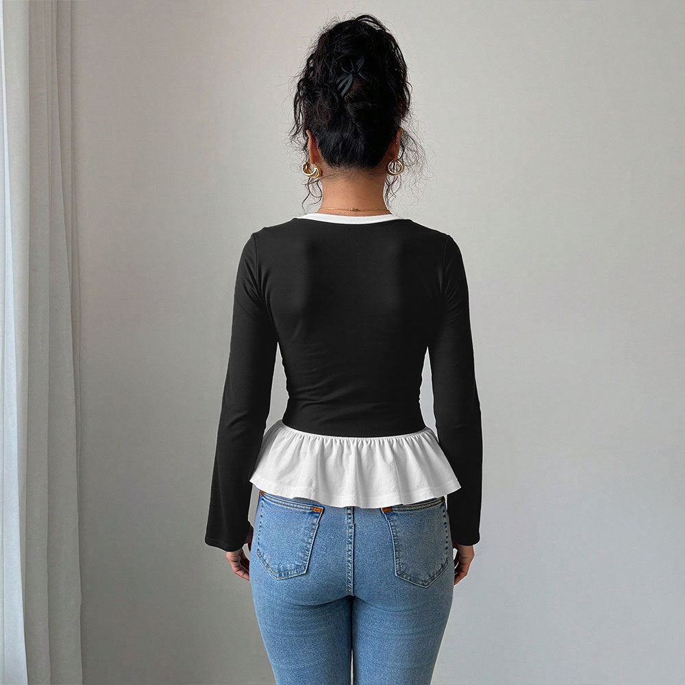 Damen Langarmshirt Rüschensaum V-Ausschnitt Eveloria