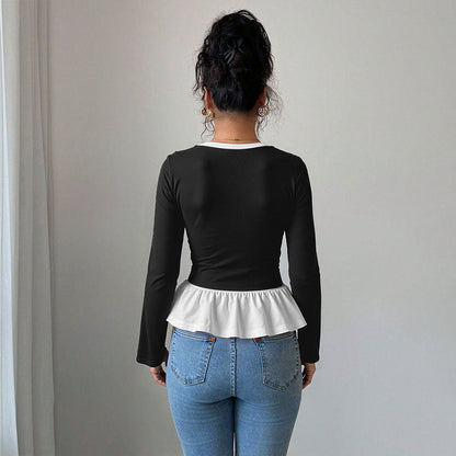 Damen Langarmshirt Rüschensaum V-Ausschnitt Eveloria