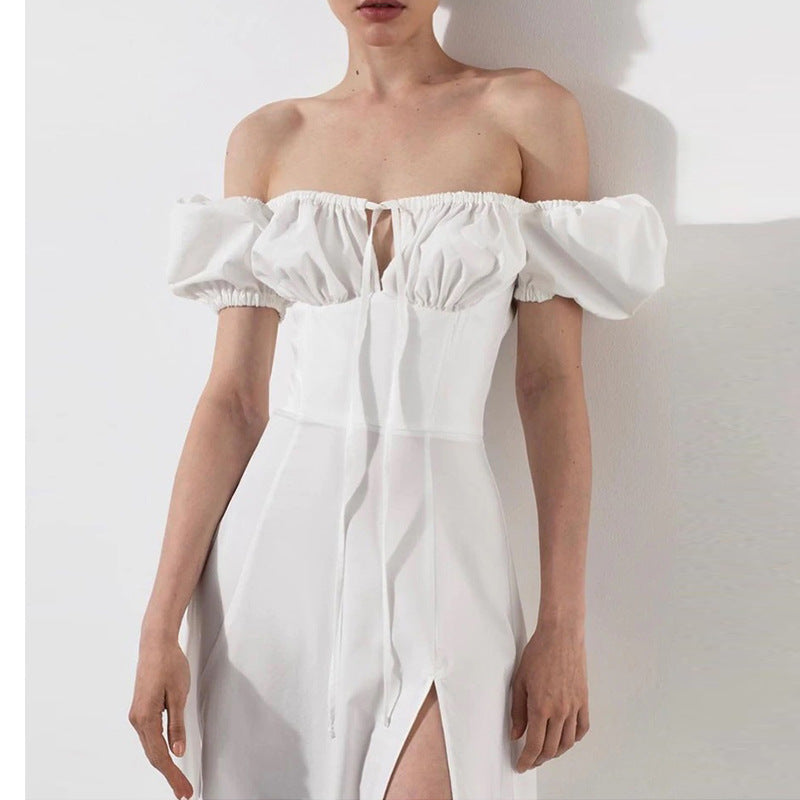 Damen Maxikleid Schulterfrei Puffärmel Eveloria