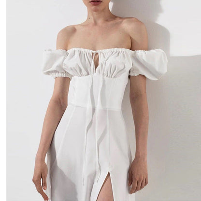 Damen Maxikleid Schulterfrei Puffärmel Eveloria
