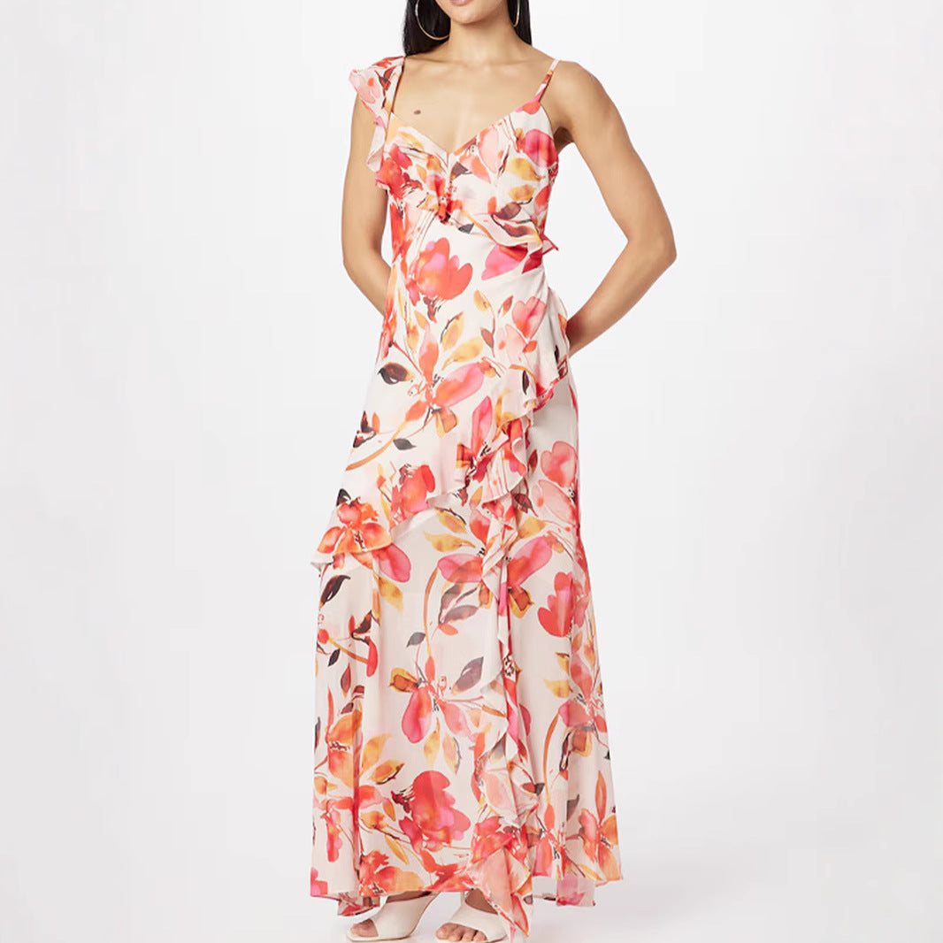 Damen Maxikleid Floral Rüschen Schulterfrei Eveloria - Eveloria
