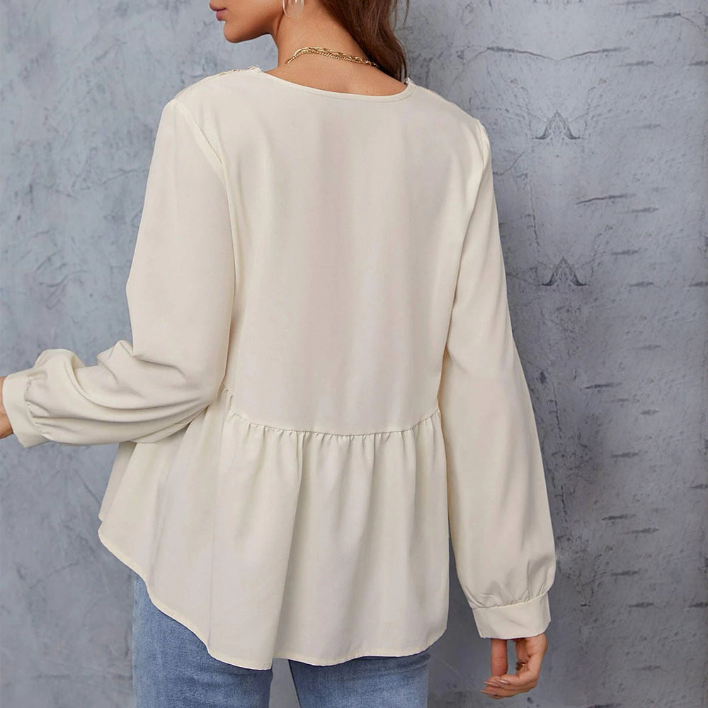 Damen Bluse Spitze Ärmel Elegant Weiß
