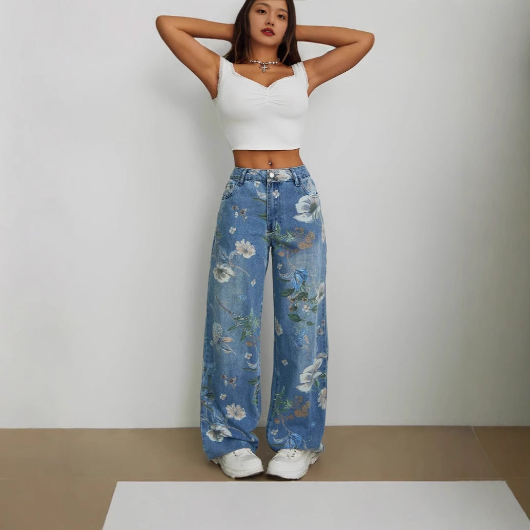 Damen Weite Jeans Florales Design Hoher Bund