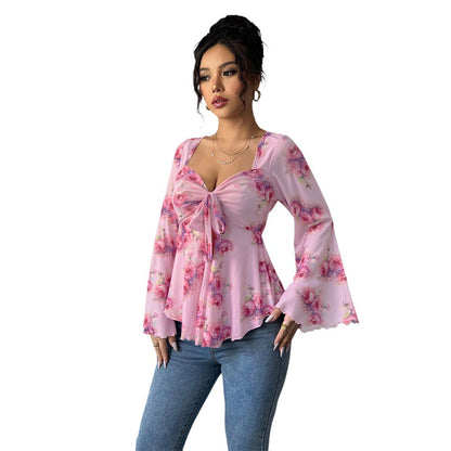Damen Bluse Fließendes Blusenshirt Florales Design Verspielter Knoten