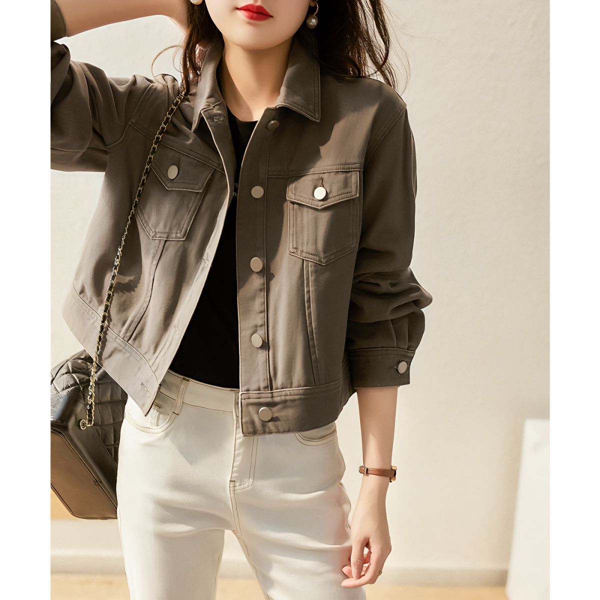 Damen Denimjacke Kurz Modische Druckknöpfe Blau Eveloria