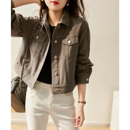 Damen Denimjacke Kurz Modische Druckknöpfe Blau Eveloria