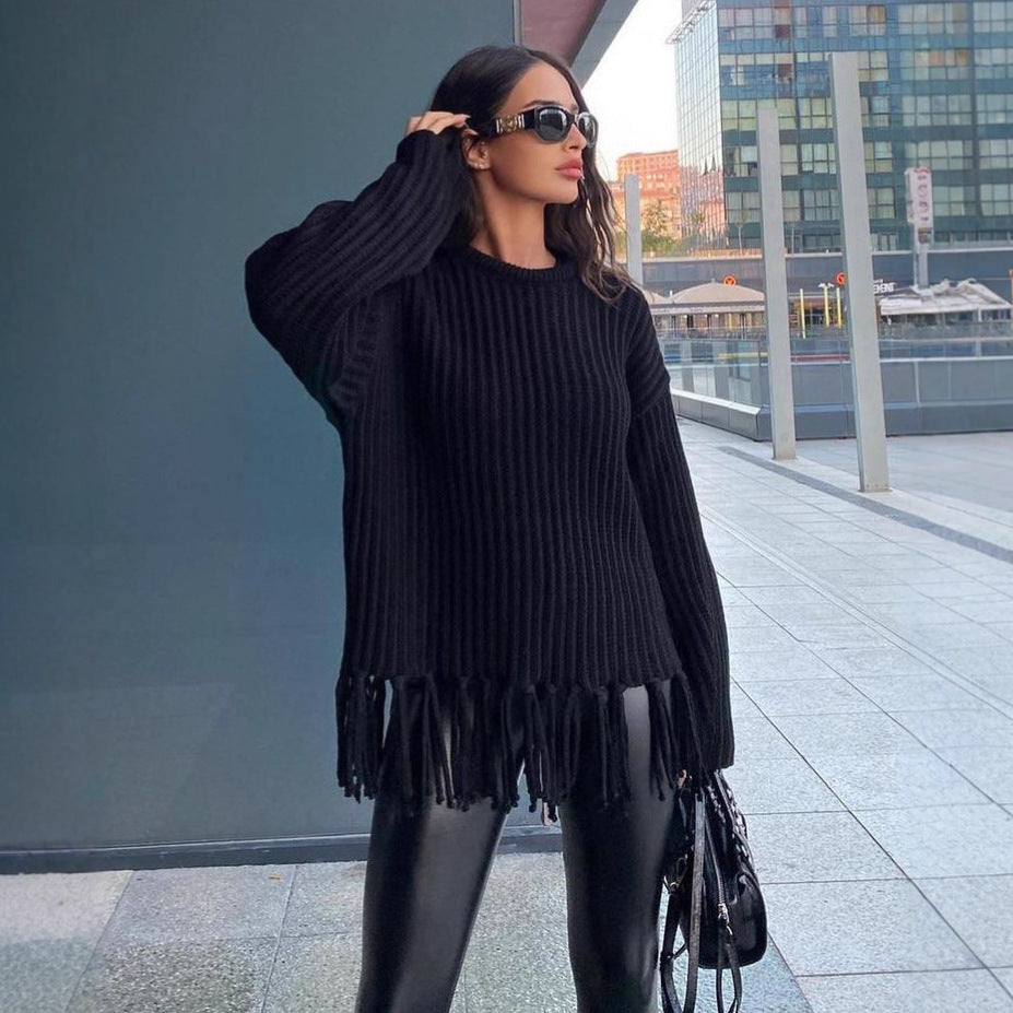 Damen Strickpullover mit Fransen Gemütlich Eveloria