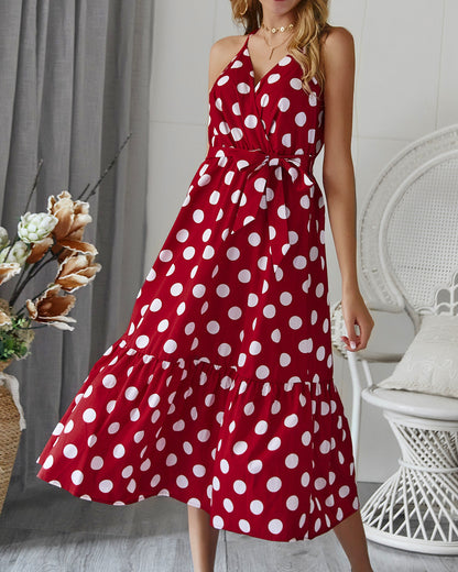 Damen Maxikleid Polka-Dots Rüschen Eveloria