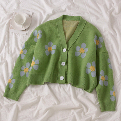 Damen Cardigan Grobstrick Floralmuster Knöpfe Beige