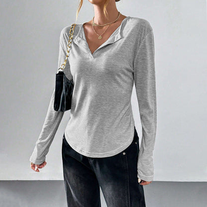 Damen Longsleeve T-Shirt V-Ausschnitt Lässig Eveloria