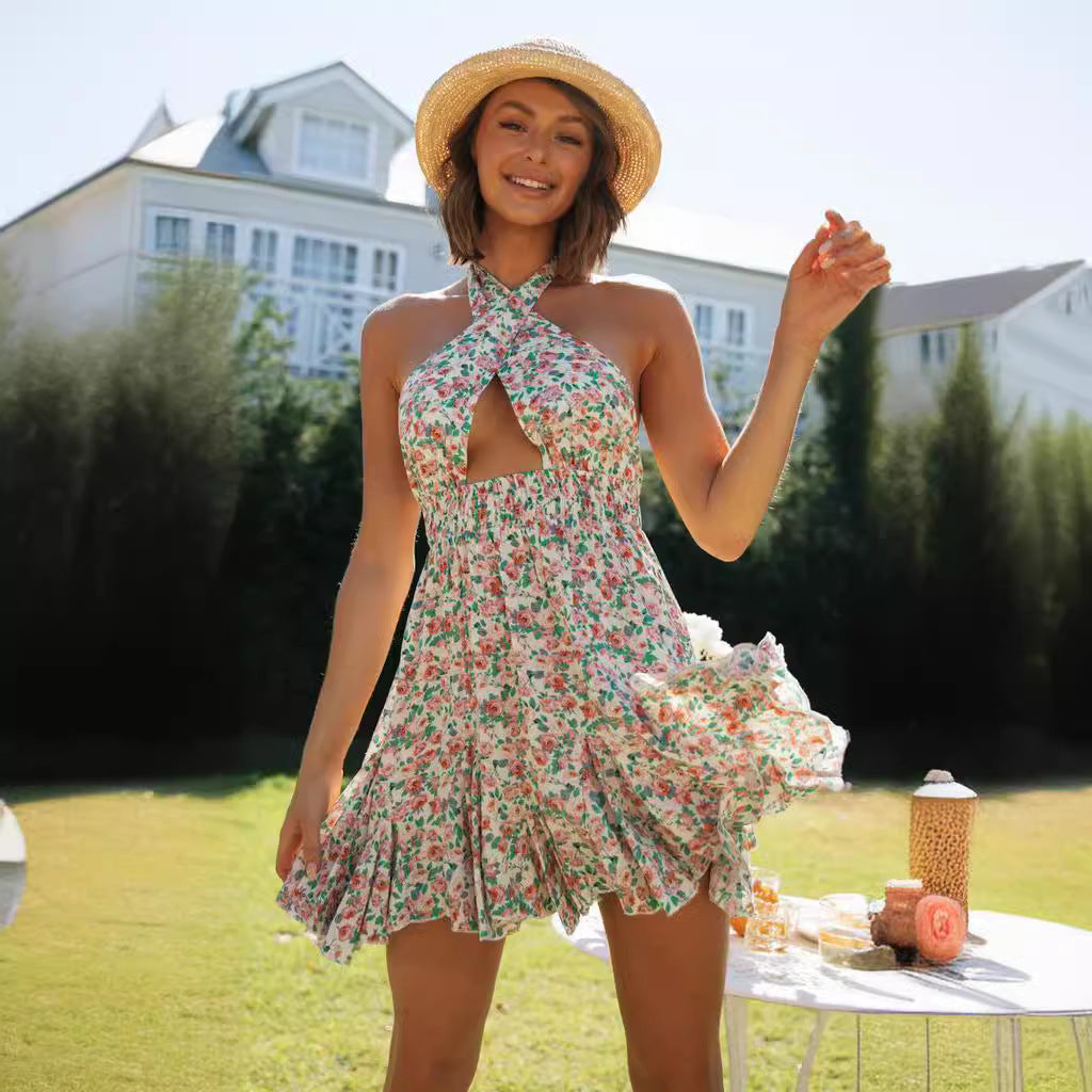 Damen Sommerkleid Verspielter Knotenausschnitt Rüschensaum