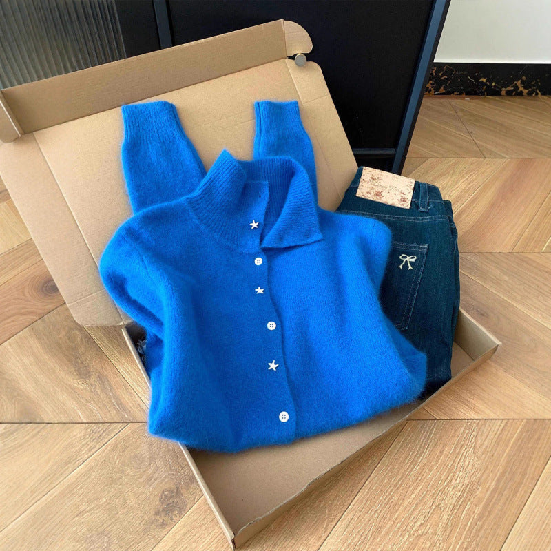 Damen Strickjacke Hochkragen Sternknöpfe Eveloria