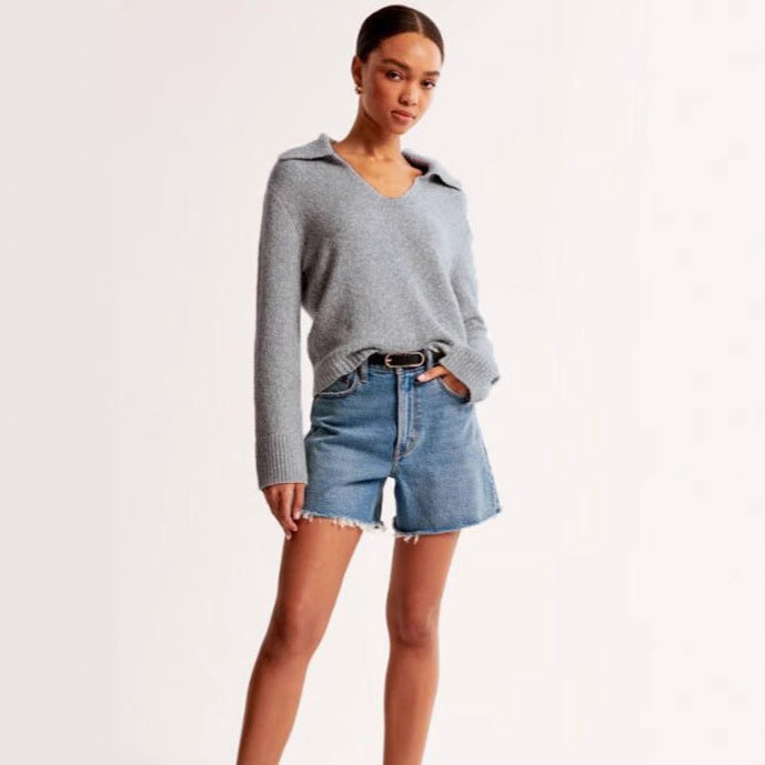 Damen Pullover Weiter Kragen Geripptes Bündchen Eveloria