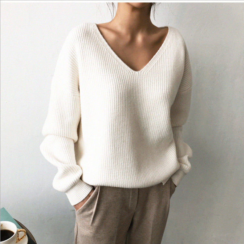 Damen Pullover V-Ausschnitt Strukturierter Look Breite Ärmel Grau