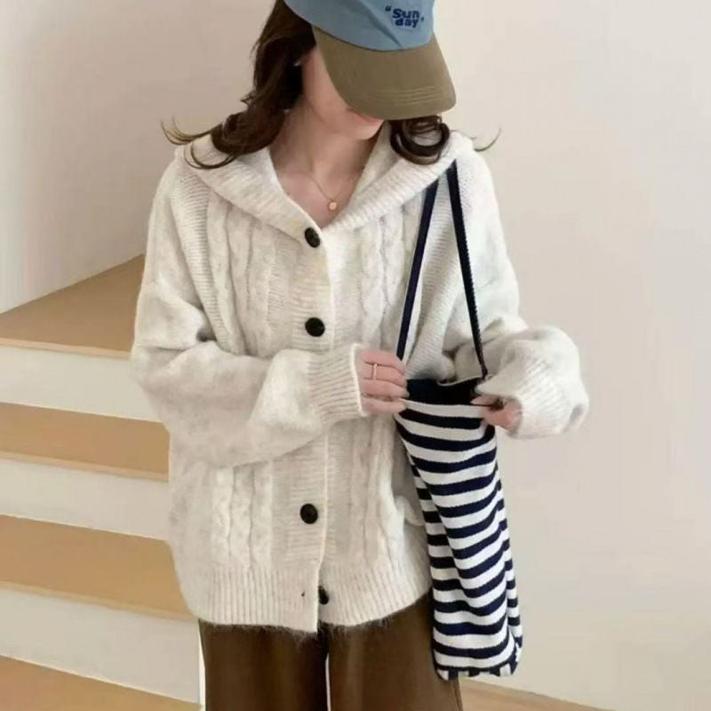 Damen Strickjacke Kapuzenpullover mit Knöpfen Beige