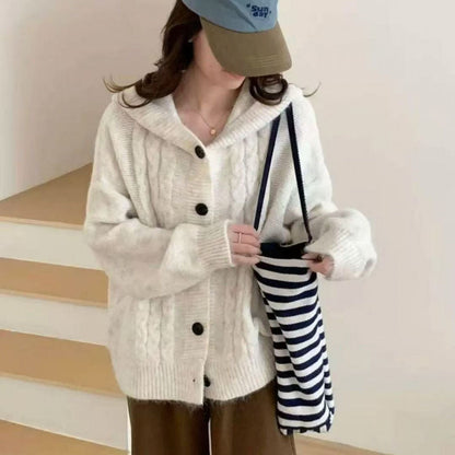 Damen Strickjacke Kapuzenpullover mit Knöpfen Beige