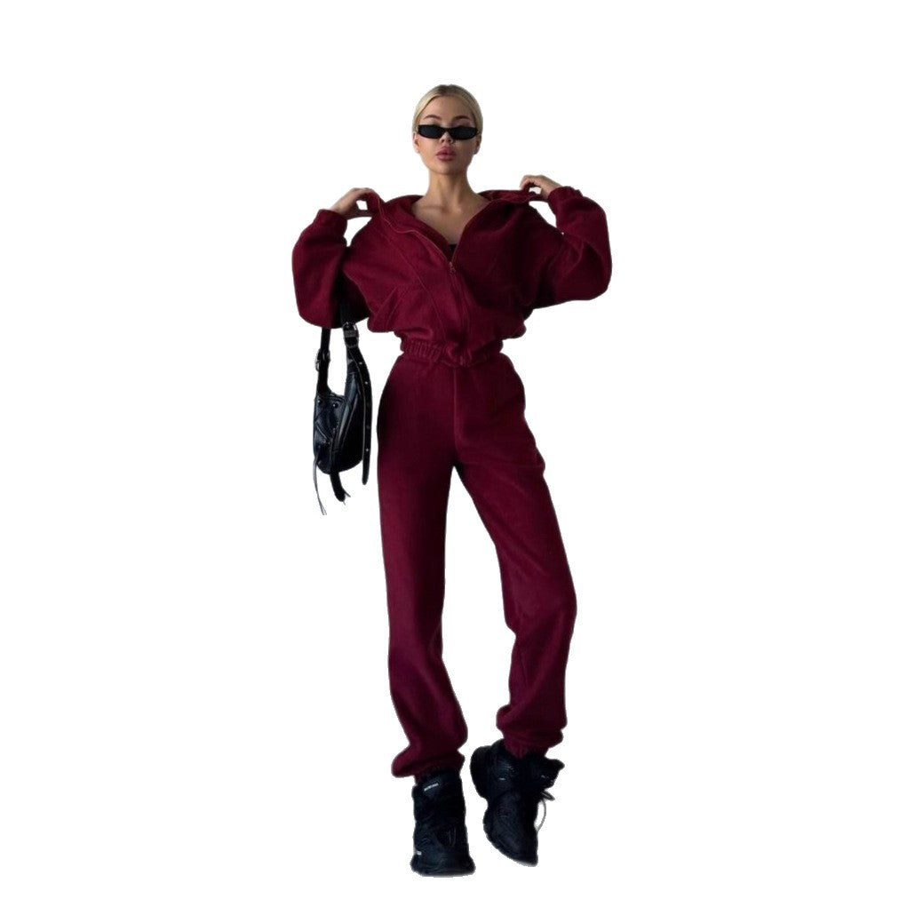 Damen Fleece Jogginganzug Stehkragen Taschen Eveloria