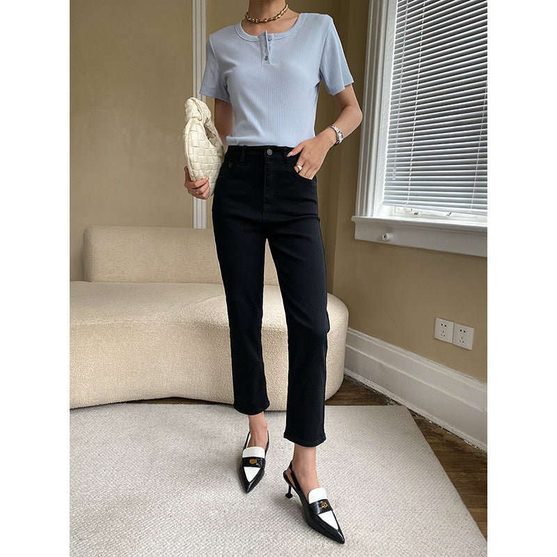Damen Kurzarm Henley-Shirt mit Knöpfen Eveloria
