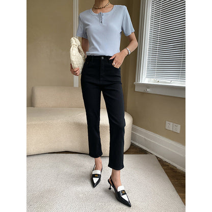 Damen Kurzarm Henley-Shirt mit Knöpfen Eveloria