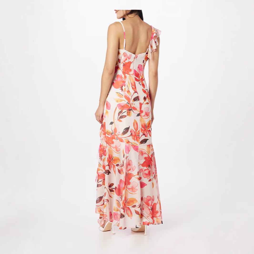 Damen Maxikleid Floral Rüschen Schulterfrei Eveloria