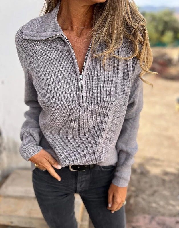 Damen Strickpullover Rippstruktur Halbzipper Eveloria