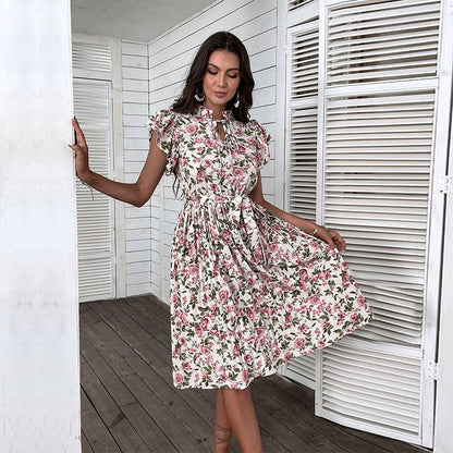 Damen Kleid Florales Muster Rüschenbesatz Eveloria