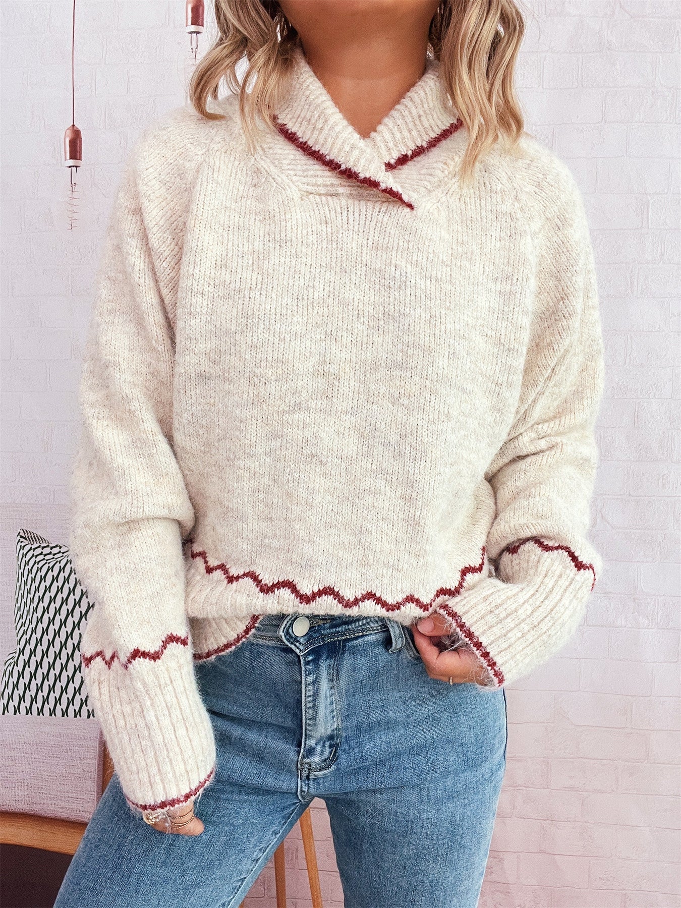 Damen Strickpullover Kuschelfleece Wellenrand