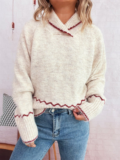 Damen Strickpullover Kuschelfleece Wellenrand