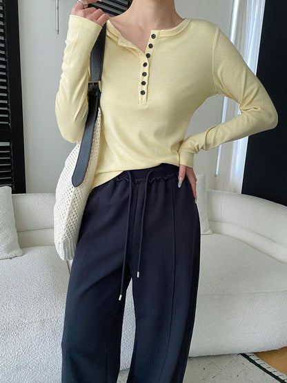 Damen Langarmshirt mit Knopfleiste Baumwolle Beige