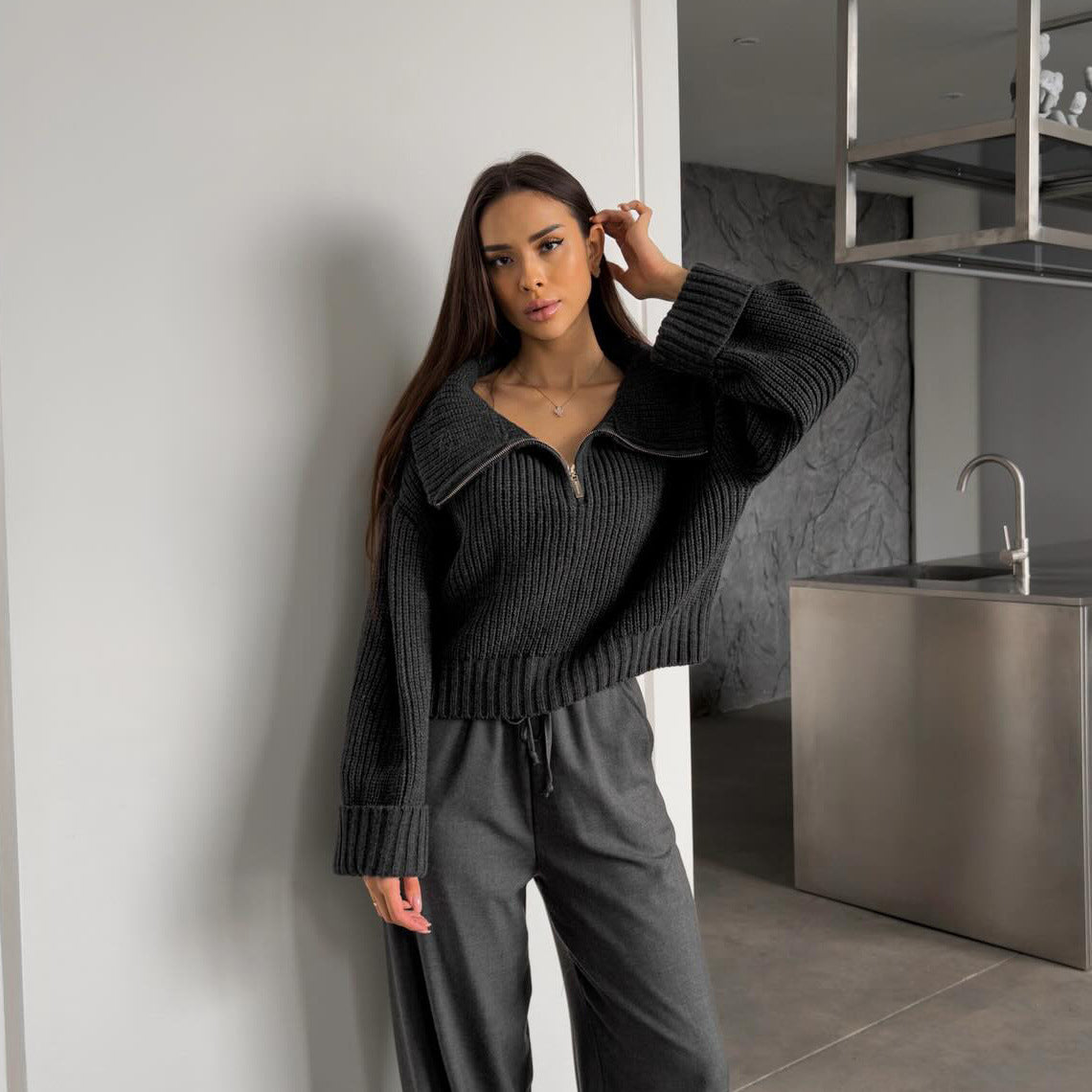 Damen Strickpullover Hochkragen Eveloria