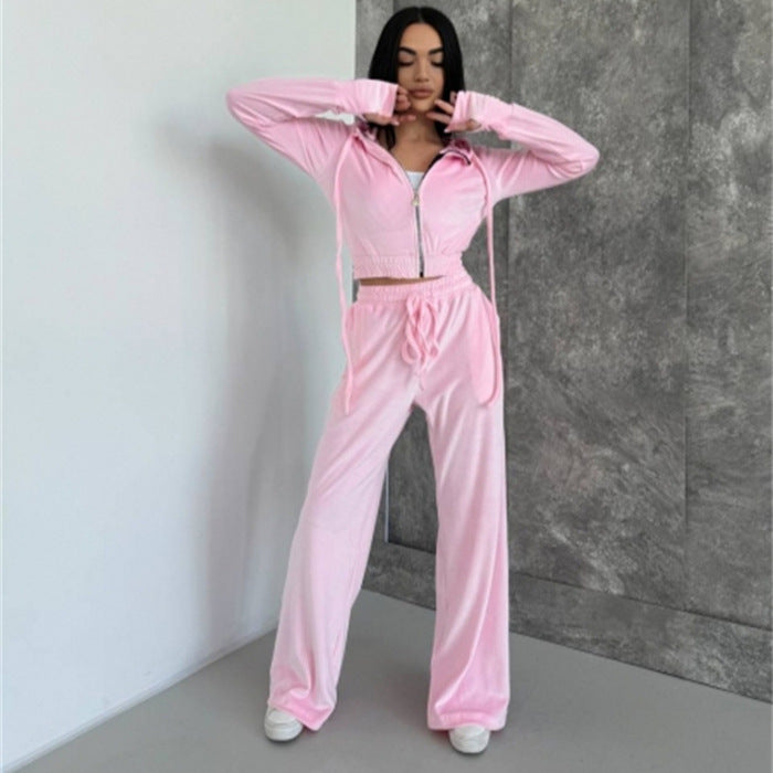 Damen Velours Lounge-Set Taillierter Hoodie Elastische Hose