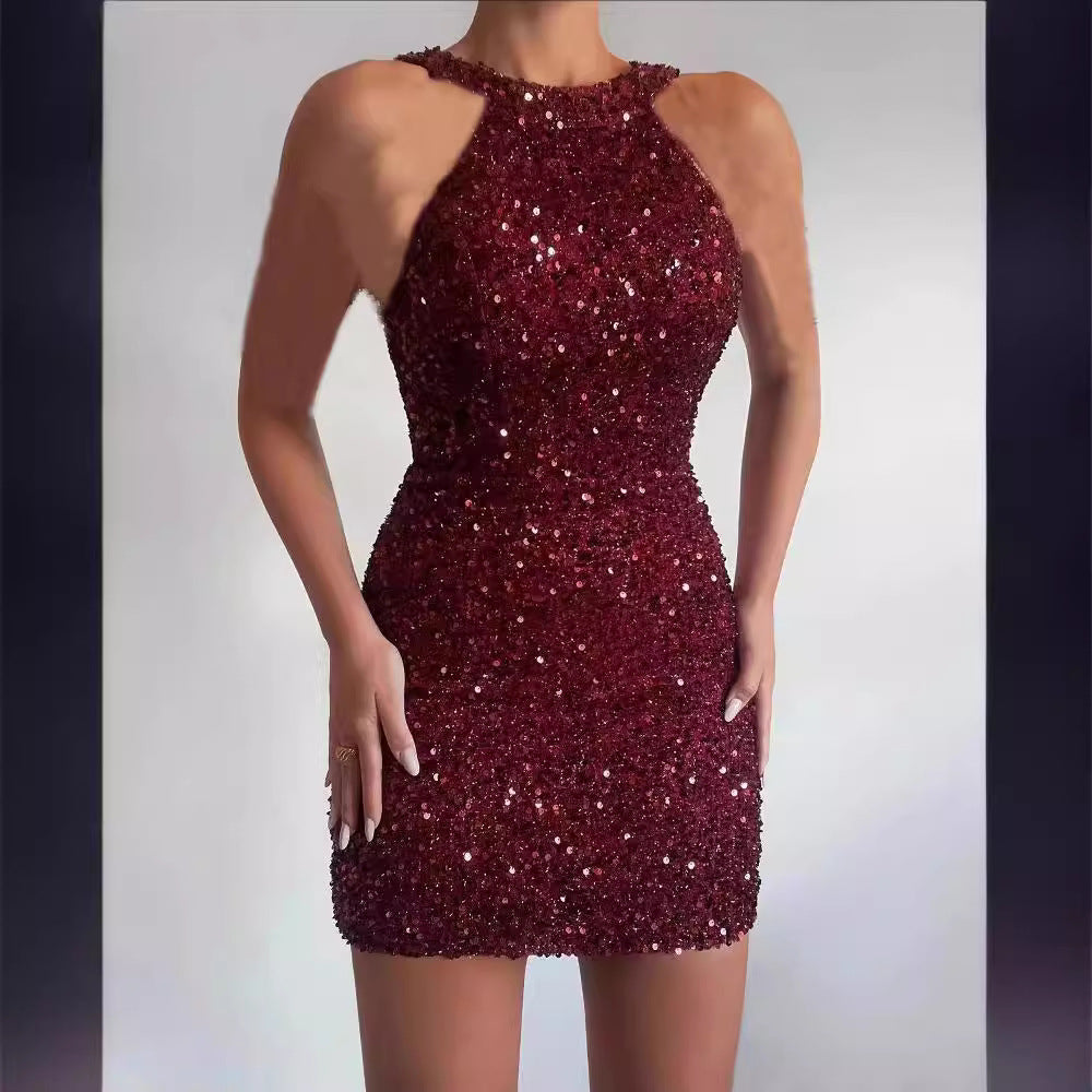Damen Glitzerndes Minikleid Halbausschnitt Figurbetont