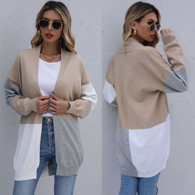 Damen Cardigan Lang Weiches Strickmaterial Farbblock Muster