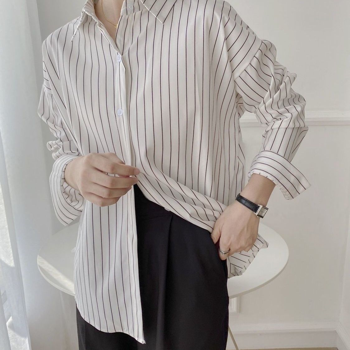 Damen Klassische Hemdbluse Streifenoptik Weiße Bluse