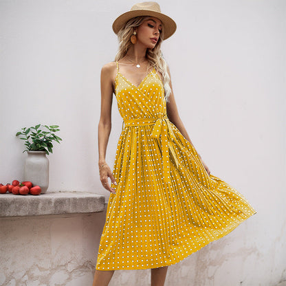 Damen Midikleid Taillengürtel Polka Dot Muster