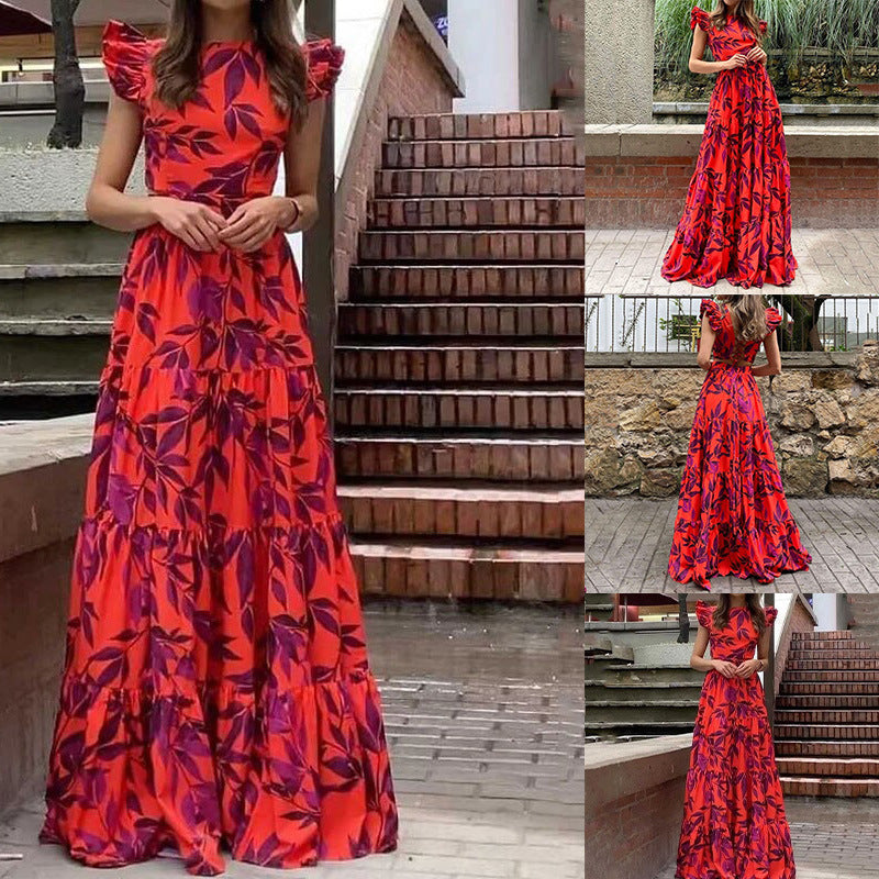 Damen Maxikleid mit Volantärmeln und schwingendem Rock