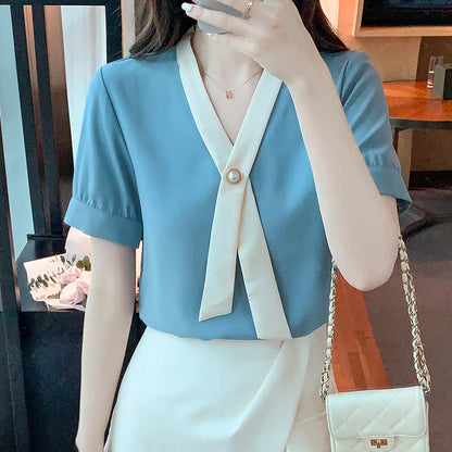 Damen Bluse Elegantes Knopfdesign Wellenkragen Weiss