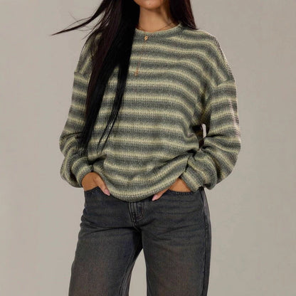 Damen Strickpullover Kuschelfleece Streifenmuster Beige - Eveloria