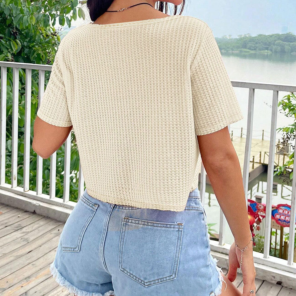 Damen Cropped T-Shirt Asymmetrischer V-Ausschnitt Luftig Weiß