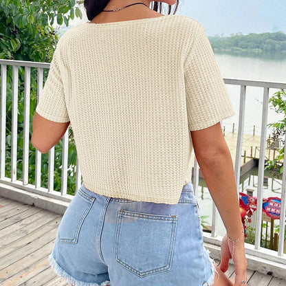 Damen Cropped T-Shirt Asymmetrischer V-Ausschnitt Luftig Weiß