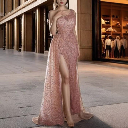 Damen Abendkleid Asymmetrischer Schnitt Glitzernd Schwarz Eveloria - Eveloria