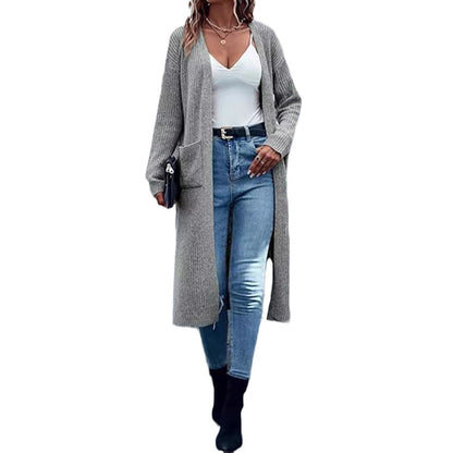 Damen Grobstrick-Cardigan Offene Taschen Lässiger Schnitt Beige