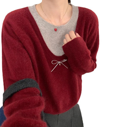 Damen Pullover V-Ausschnitt Schleifenapplikation Elegantes Design