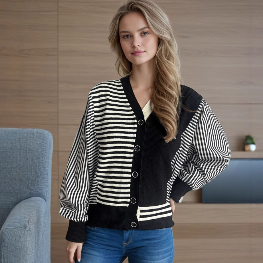 Damen Strickcardigan Gestreift Komfort Schnitt Schwarz - Eveloria