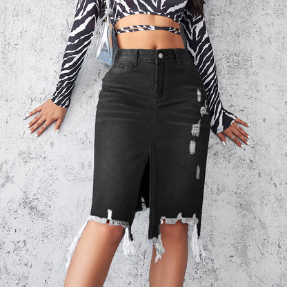 Damen Denim-Rock Asymmetrisch Destroyed Blau